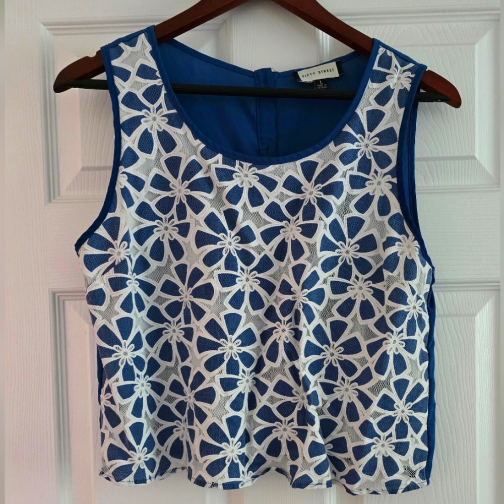 Fifty Street, lace overlay blouse with button back closure